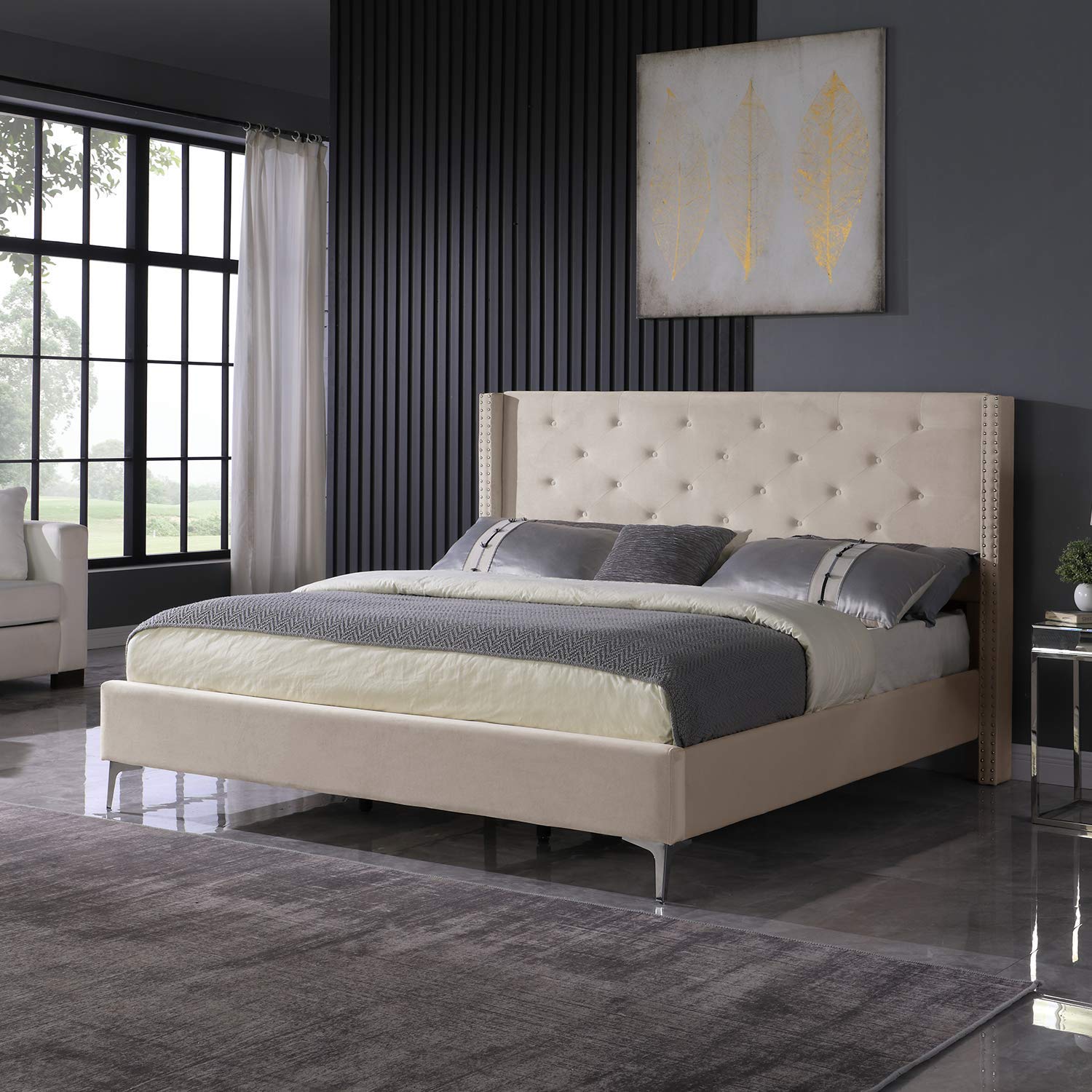 Luxury Velvet Upholstered California King Bed Frame with Tufted Headboard - Beige Modern Platform Bed, No Box Spring Needed - Perfect for Master Bedroom & Contemporary Home Decor
