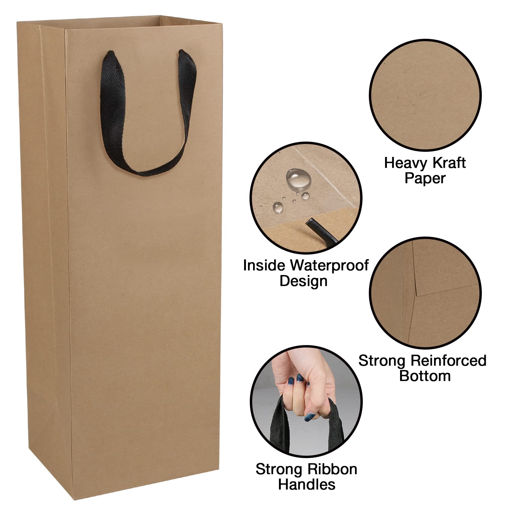 20 Pack 4x4x14 Inch Brown Kraft Paper Wine Bottle Bags with Handles - Bulk Champagne & Alcohol Gift Bags for Retail, Parties, Weddings & Holiday Gifting