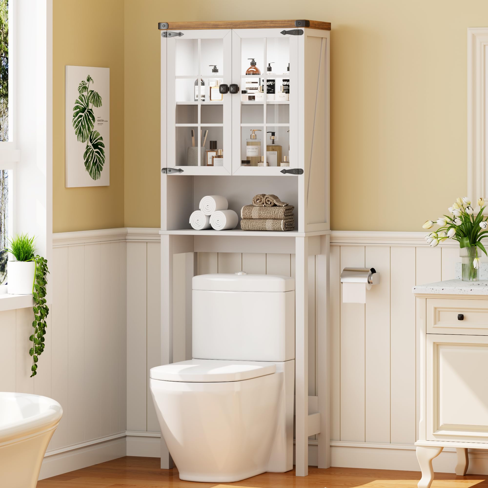Farmhouse Over The Toilet Storage Cabinet with Shelves & Doors - White Free-Standing Bathroom Organizer with Anti-Tip Design & Ceiling Light - Perfect for Small Bathrooms, Apartments, and Space-Saving Storage Solutions