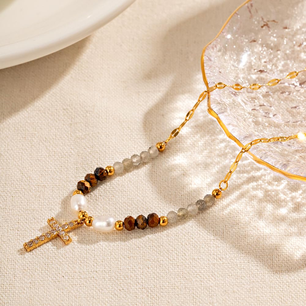 Gold Cross Necklace for Women - Handmade Gemstone Choker with Pearl Beads | Elegant Birthday Gift & Good Luck Jewelry | Perfect for Church, Weddings & Special Occasions