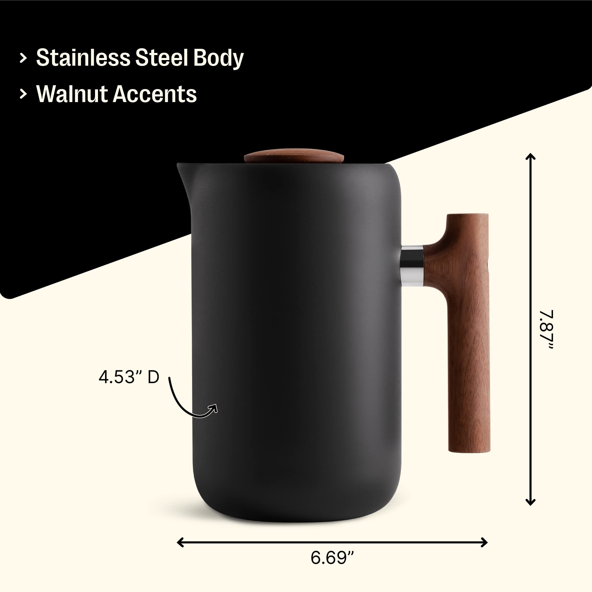Fellow Clara French Press Coffee Maker - Stainless Steel Insulated Manual Coffee Brewer, 24 oz Portable Carafe, Matte Black with Walnut - Perfect for Home, Office & Travel Coffee Brewing