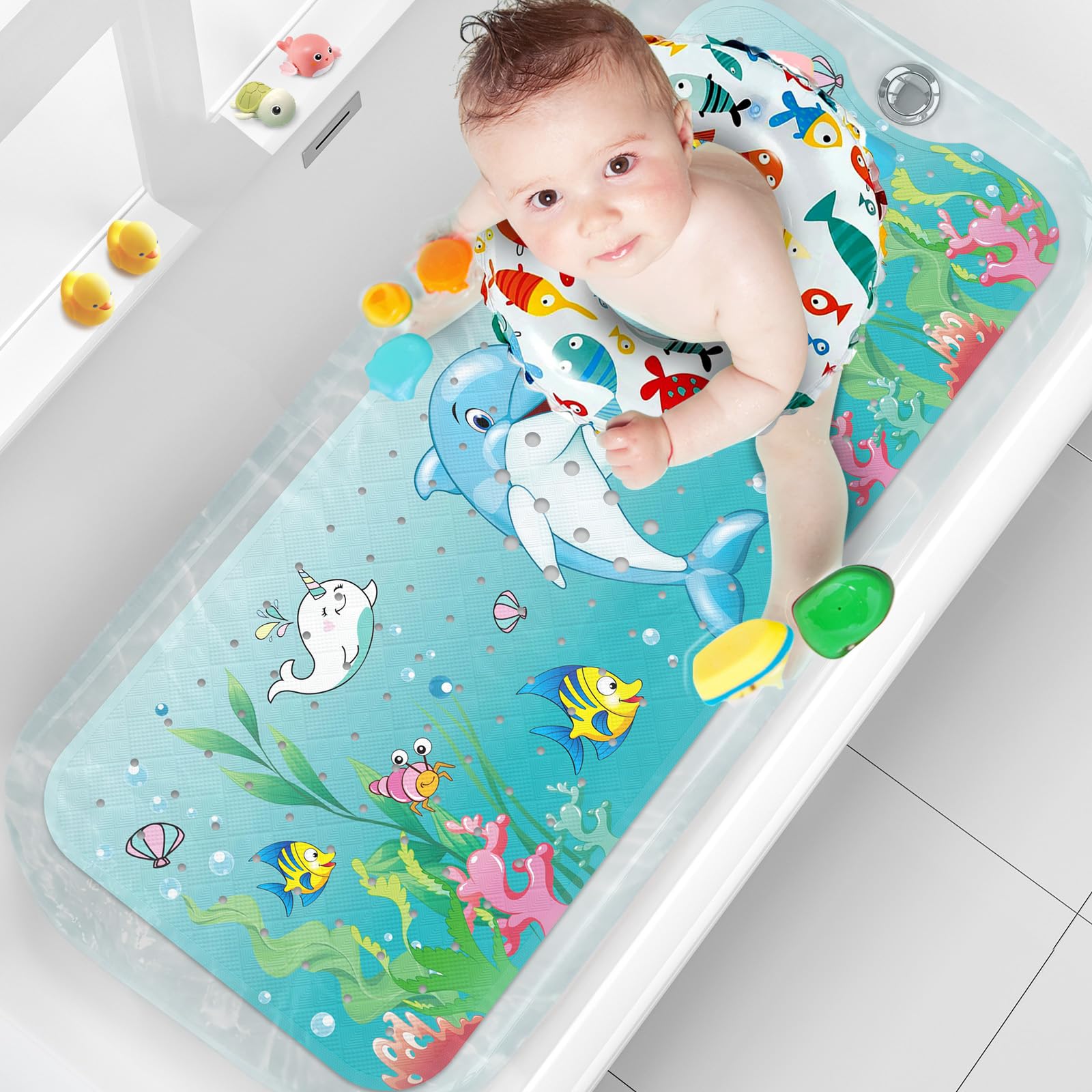 Non-Slip Baby Bath Mat for Kids - Extra Long 40x16 Inch Cartoon Bathtub Mat with Suction Cups & Drain Holes | Machine Washable Dolphin Design | Safe for Toddlers & Infants | Perfect for Bath Time, Shower Safety & Play Areas