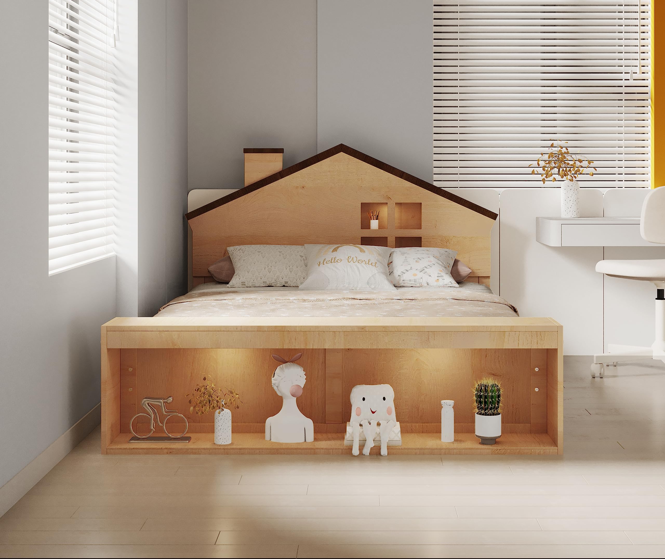 DEINPPA Full Size Kids Bed with Storage & LED Lights, Wooden Platform Bed Frame with Roof Shaped Headboard for Toddler Teens - Wood Color | Perfect for Small Bedrooms, Playrooms & Sleepovers