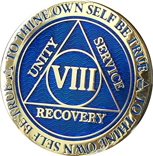 8 Year Sobriety Chip - Reflex Blue Gold Plated AA Medallion for Alcoholics Anonymous | Recovery Token for Milestone Celebrations & Support Group Meetings