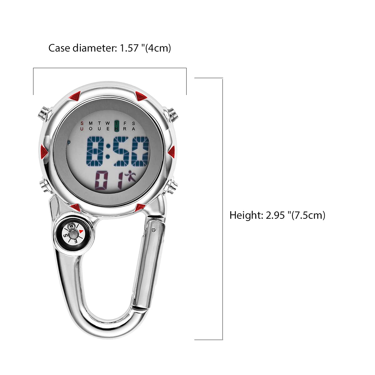 Digital Compass Clip Watch - Waterproof Carabiner Pocket Watch with Alarm for Men & Women | Hiking, Camping, Backpacking Outdoor Adventure Gear | Black & White Fob Watch for Backpack Buckle