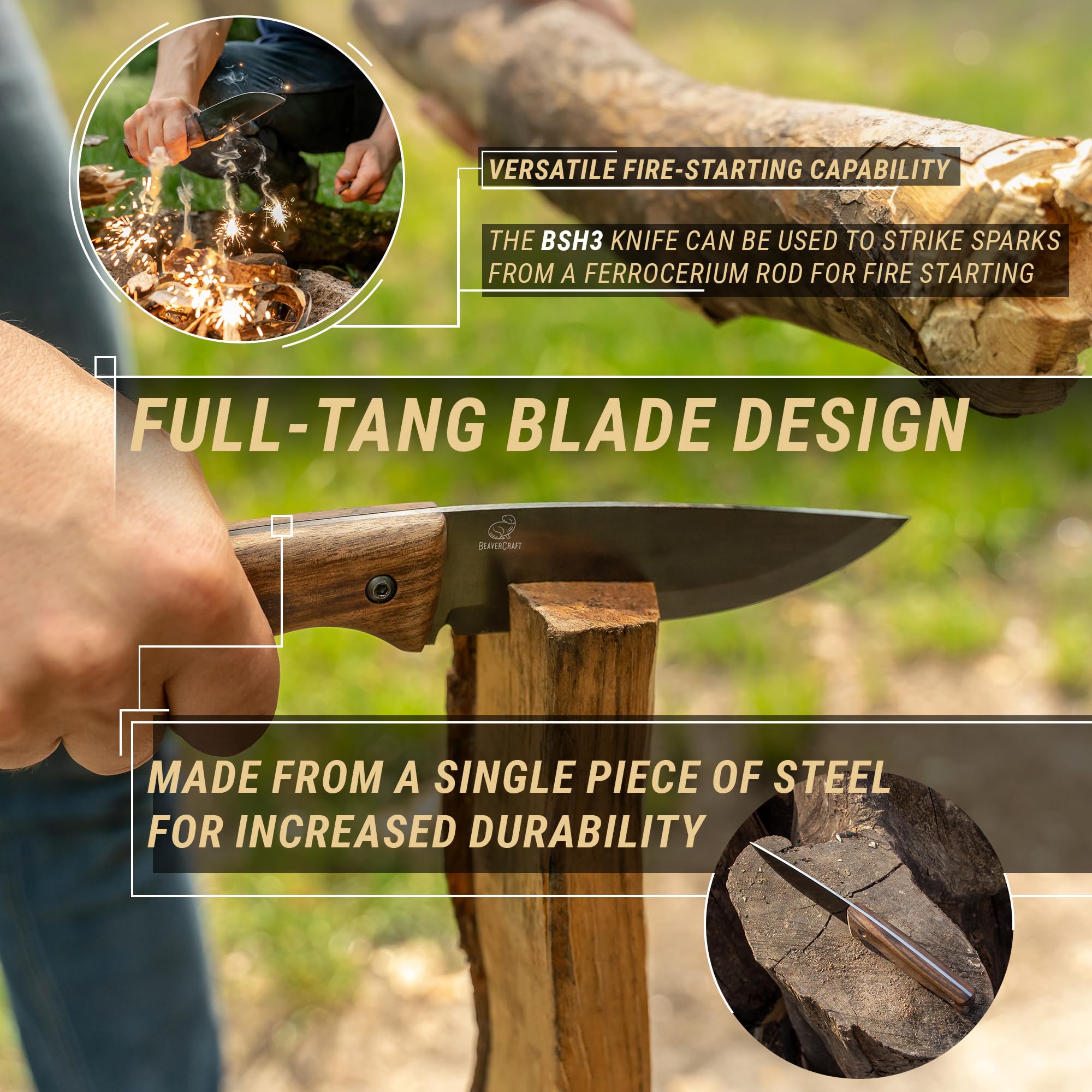BeaverCraft Full Tang Bushcraft Knife with Leather Sheath - Carbon Steel Fixed Blade Survival Knife for Camping, Hiking & Outdoor Adventures | BSH3 Nightfall | Perfect for Bushcraft, Hunting & Wilderness Survival