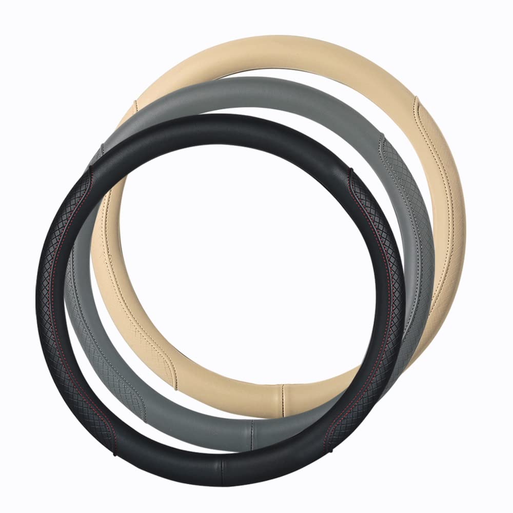 Premium Microfiber Leather Steering Wheel Cover - Classic Embossed Design, Anti-Slip & Breathable - Universal Fit for 15 Inch Wheels (Beige) | Perfect for Cars, Trucks & SUVs - Enhances Grip & Comfort for Daily Commutes & Road Trips