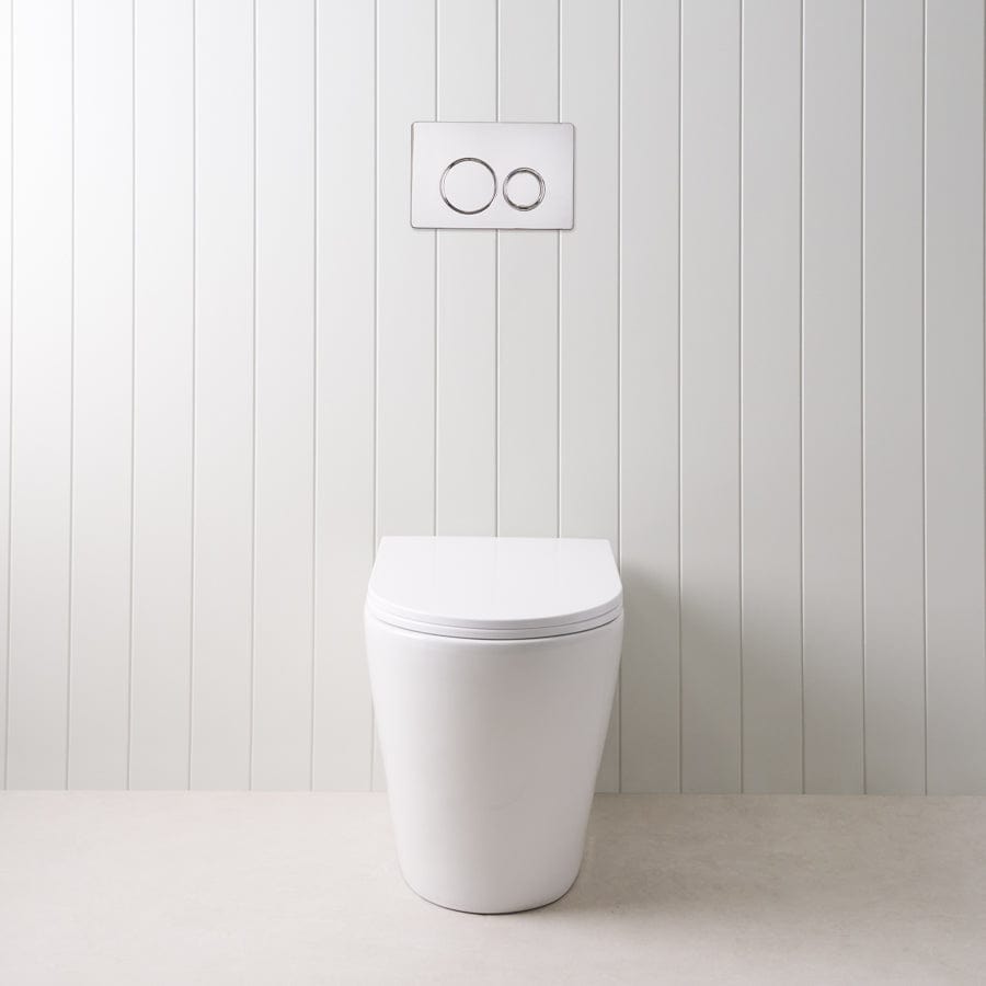 Angled In-Wall Toilet with Round Chrome Buttons - Modern Space-Saving Bathroom Solution for Small Spaces & Contemporary Homes