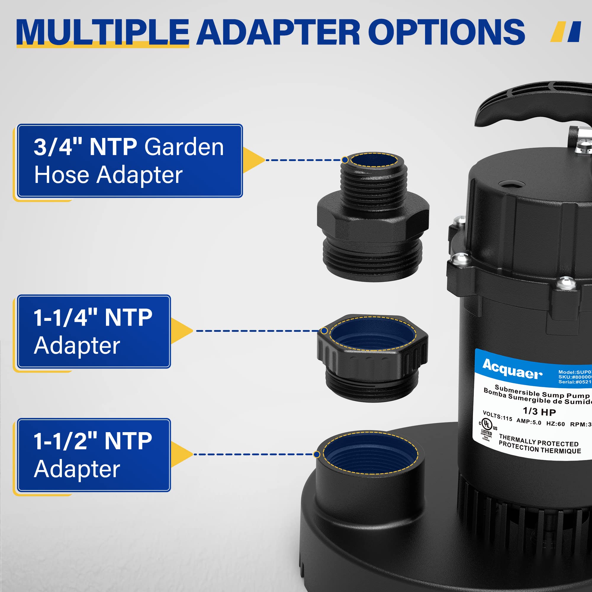 Acquaer 1/3 HP Submersible Sump Pump - 3040 GPH Clean/Dirty Water Pump with Automatic Float Switch & 10ft Power Cord - Ideal for Basement, Pool, Pond, Drain, Flooded Cellar, Aquarium, Irrigation & Emergency Water Removal