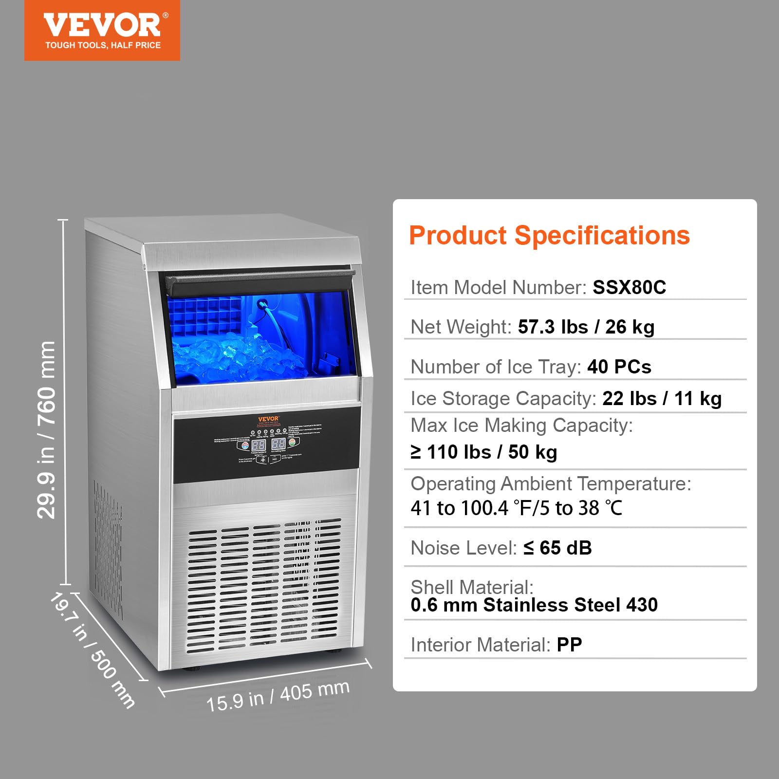 VEVOR Commercial Ice Maker Machine 110LBS/24H with 22LBS Storage - Fast 40 Ice Cubes in 12-15 Mins - Countertop Ice Maker for Home, Office, Restaurant & Bars - Perfect for Parties, Events and Daily Beverage Needs