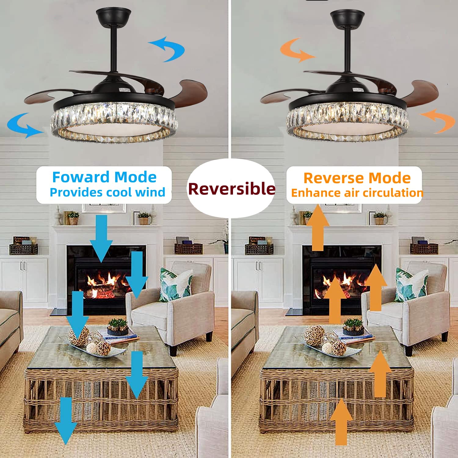 RuiWing 42 Inch Modern Crystal Ceiling Fan with Light - Retractable Blades, 6 Speed Remote Control, Reversible Function & 3 Color Lighting - Black Chandelier Fan for Living Room, Bedroom, Dining Room & Indoor Spaces