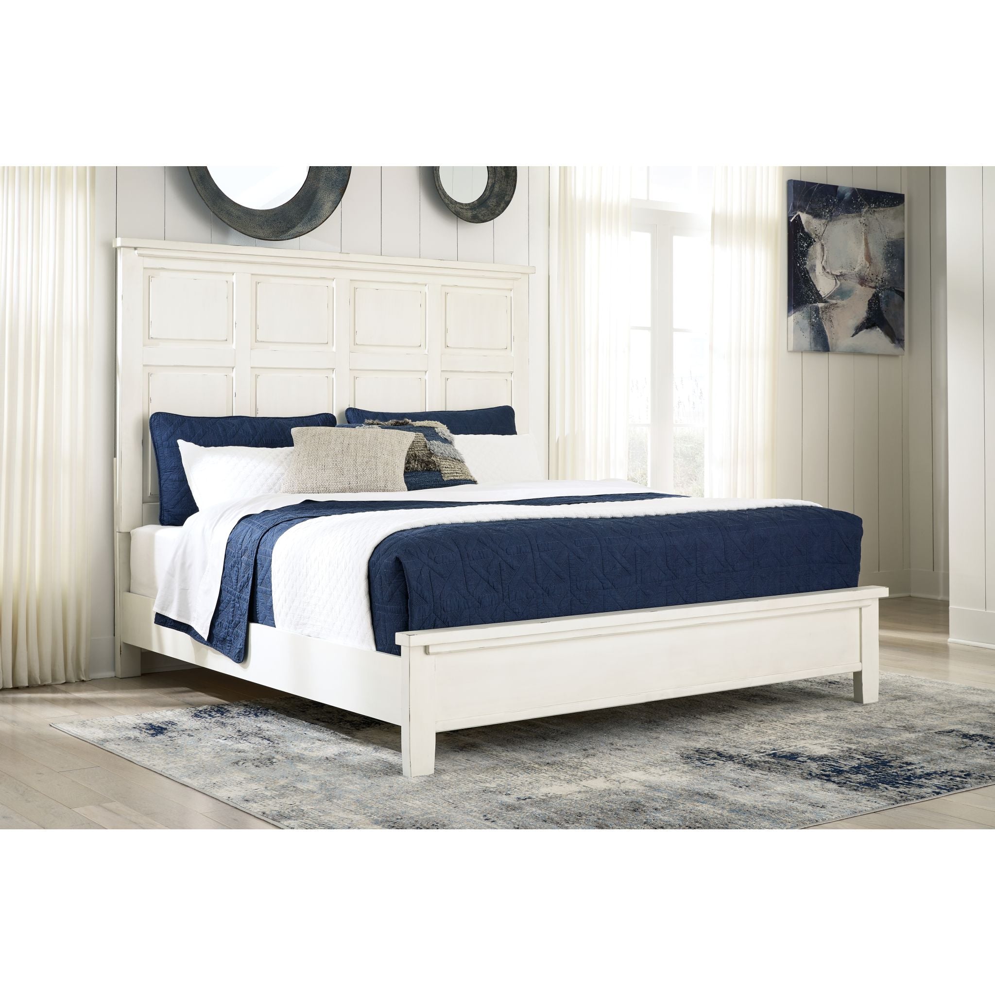 Braunter King Panel Bed in Aged White - Modern Farmhouse Bedroom Furniture for Master Bedroom & Guest Room