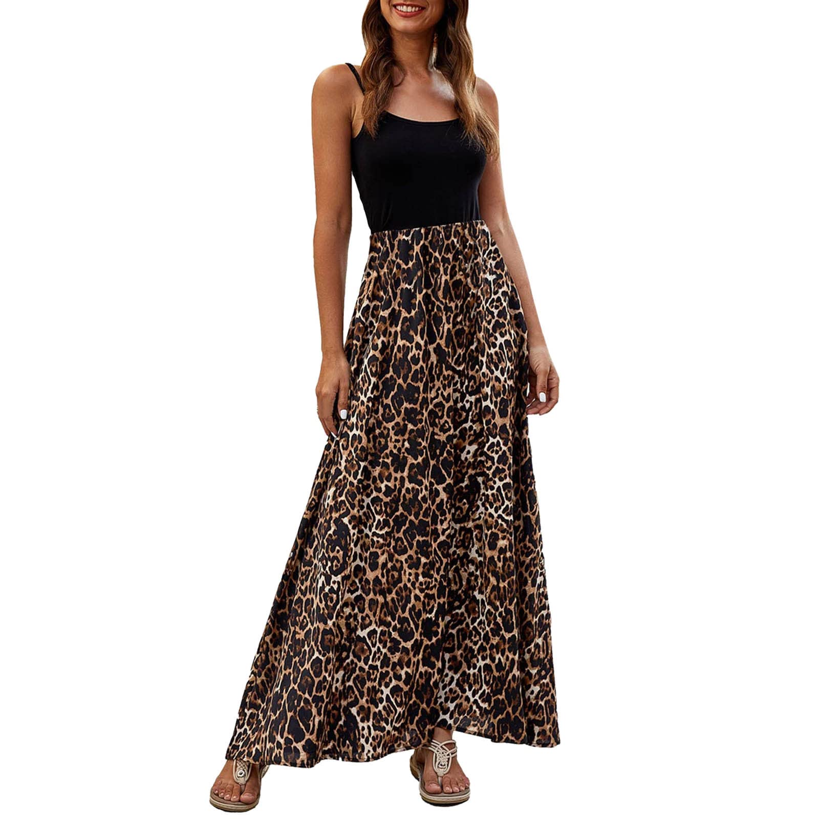 Women's Fit and Flare Casual Leopard Print Long Dress - Summer Beach Sundress with Pleated White Design | Perfect for Vacation, Outdoor Parties & Date Nights