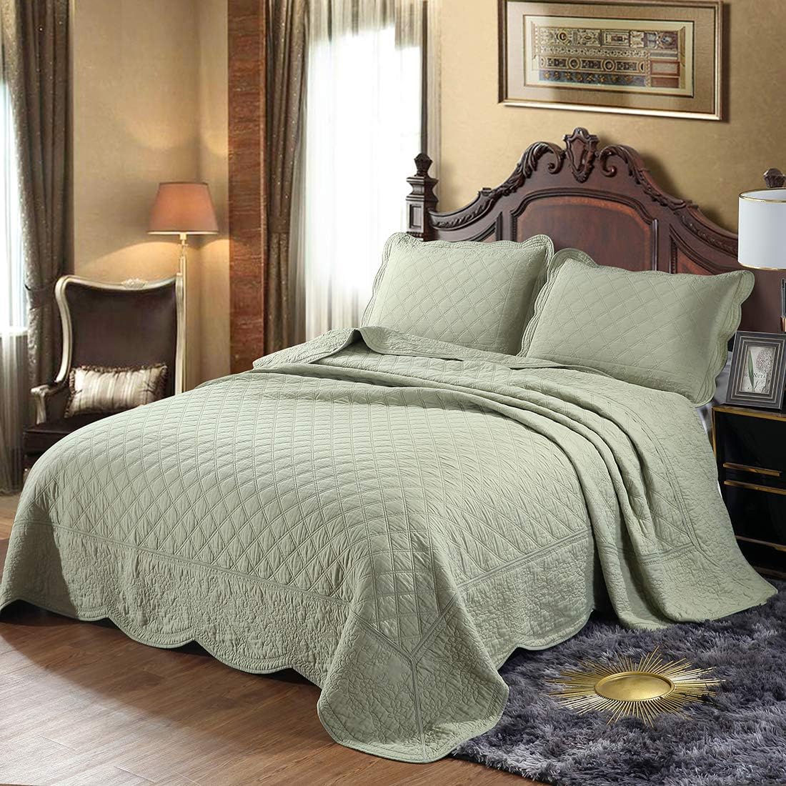 VCTOPS 100% Cotton Floral Embroidered Quilt Set - 3-Piece King Size Reversible Diamond Pattern Bedspread Coverlet with Embroidered Flowers (Green) for Cozy Bedroom Decor, Guest Room & Master Suite