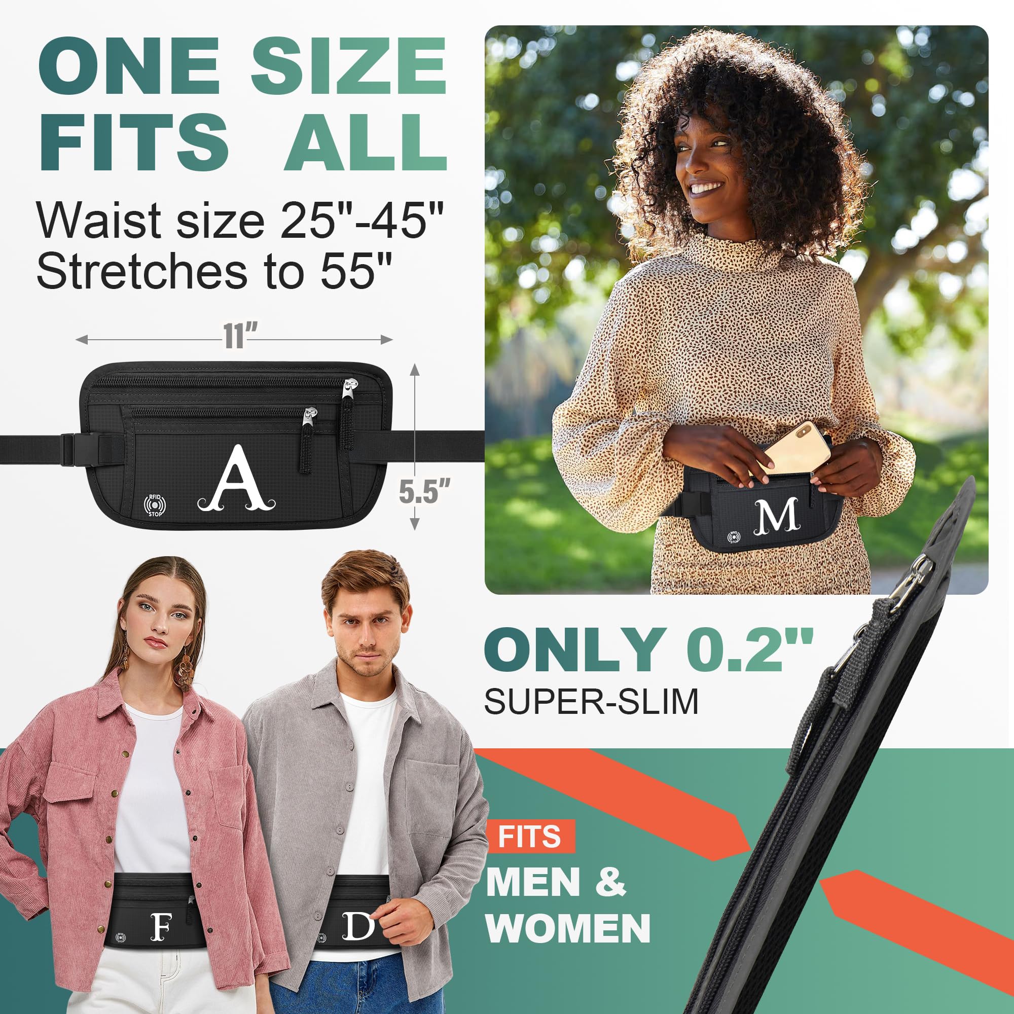 Anti-Theft RFID Travel Money Belt with Personalized Initials - Slim Passport Holder & Travel Wallet for Women & Men (Letter M) - Perfect for Airports, Vacations & Secure Cash Storage