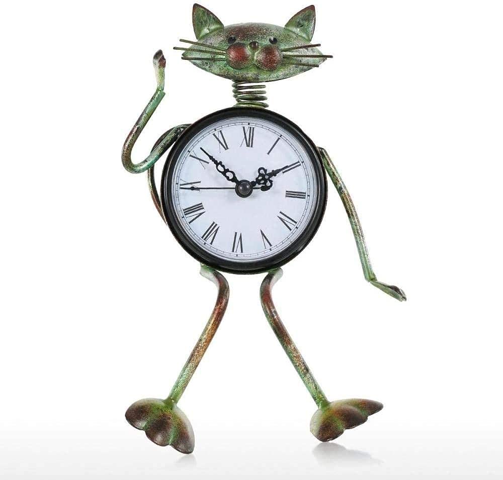 Vintage Metal Cat Table Clock - Handmade Iron Mute Figurine Sculpture for Home Office Decor, Unique Gift for Cat Lovers - Perfect for Living Room, Bar, Cafe & Bookshelf Display