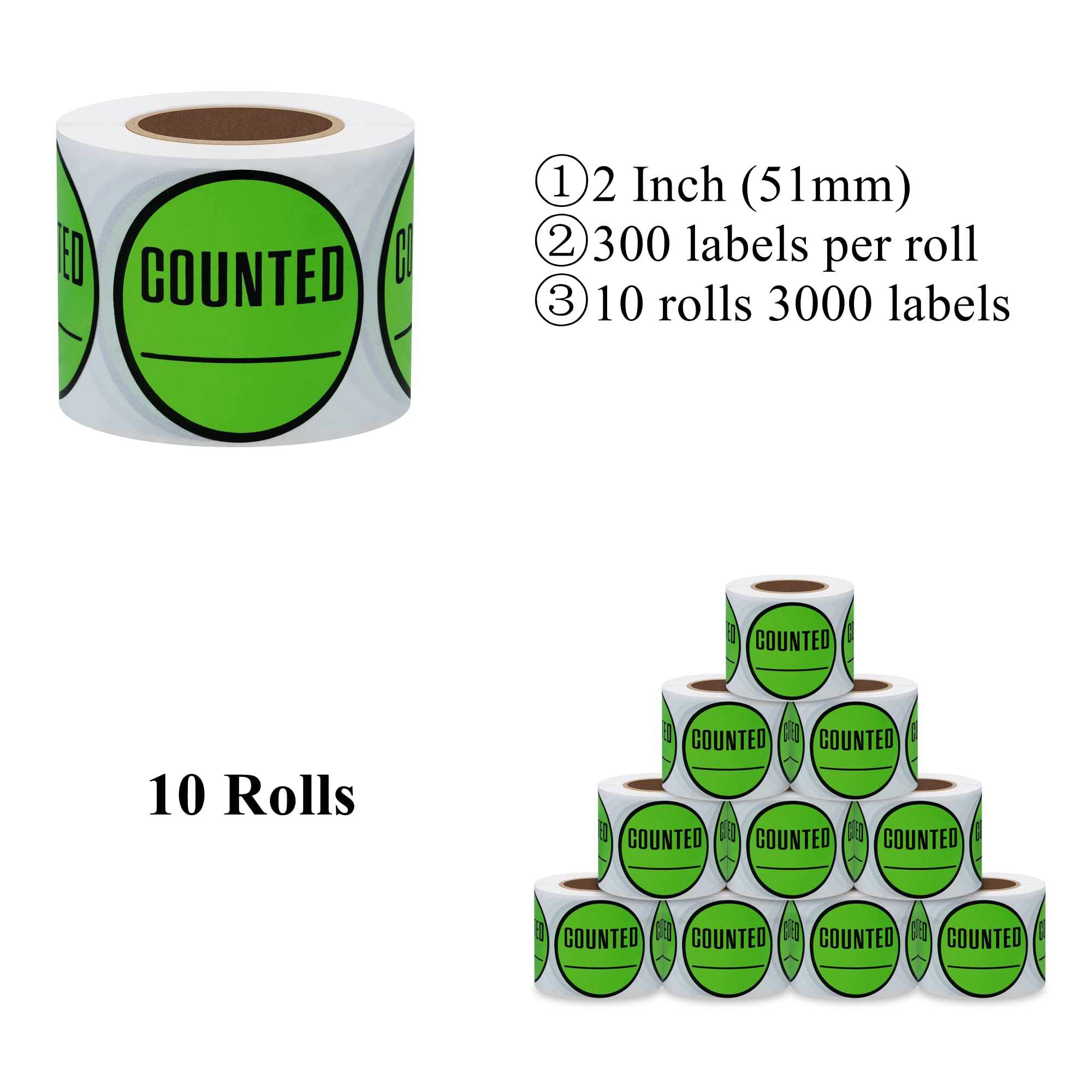 2 Inch Round Counted Inventory Control Stickers - 300 Adhesive Labels Per Roll (10 Rolls) for Shipping, Warehouse & Stock Management - Perfect for Barcode Labeling, Asset Tracking & Organization