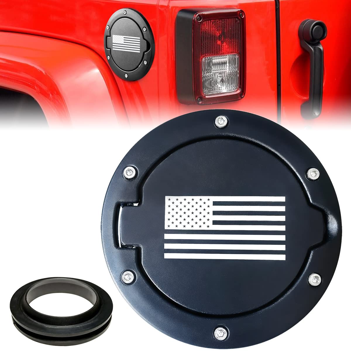 American Flag Gas Cap Cover for Jeep Wrangler JK 2007-2018 | Fuel Filler Tank Door Accessories | Durable & Stylish Upgrade for Off-Road Adventures