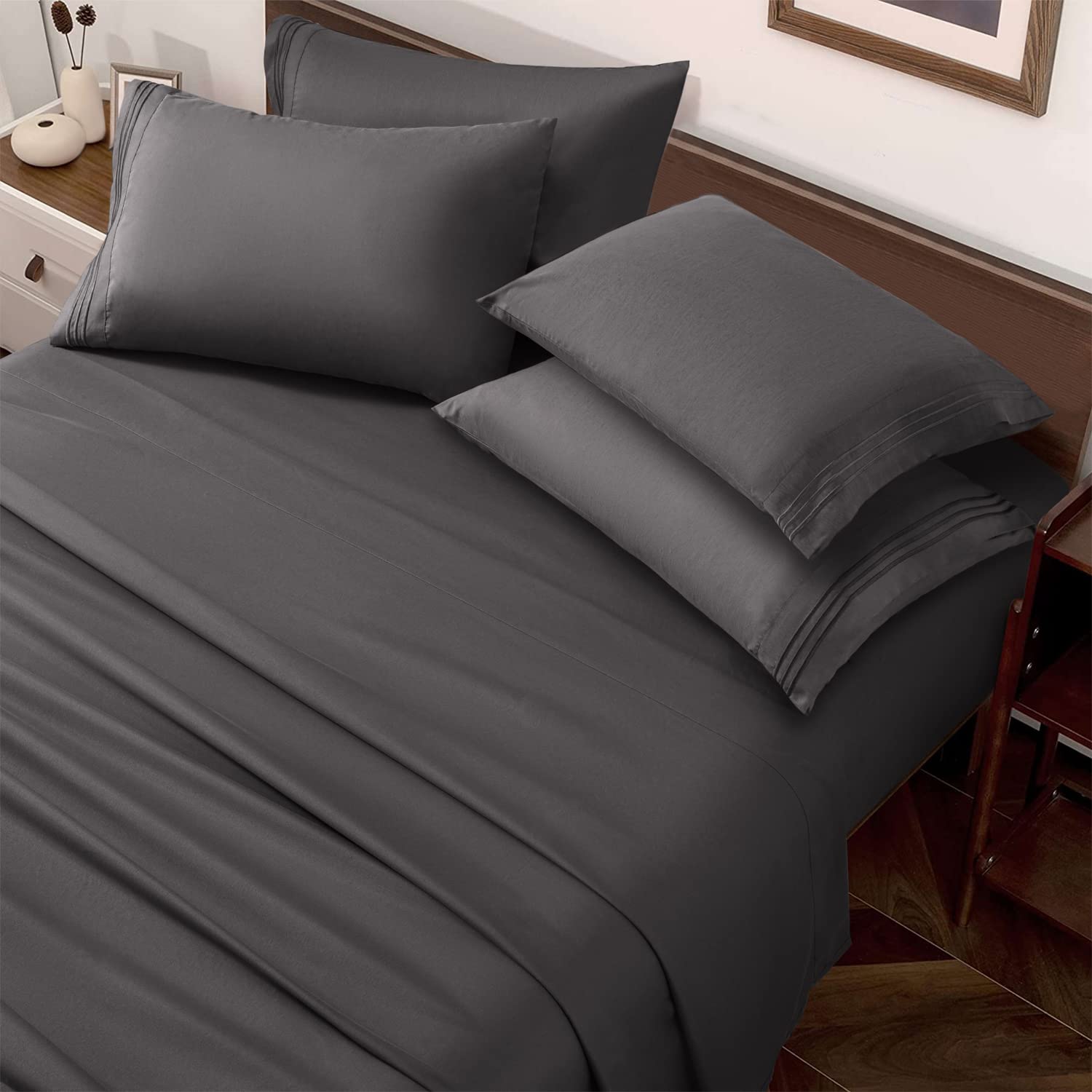 SAKIAO 6-Piece Luxury Bed Sheet Set - Ultra Soft Brushed Microfiber 1800 Thread Count - Deep Pocket 16