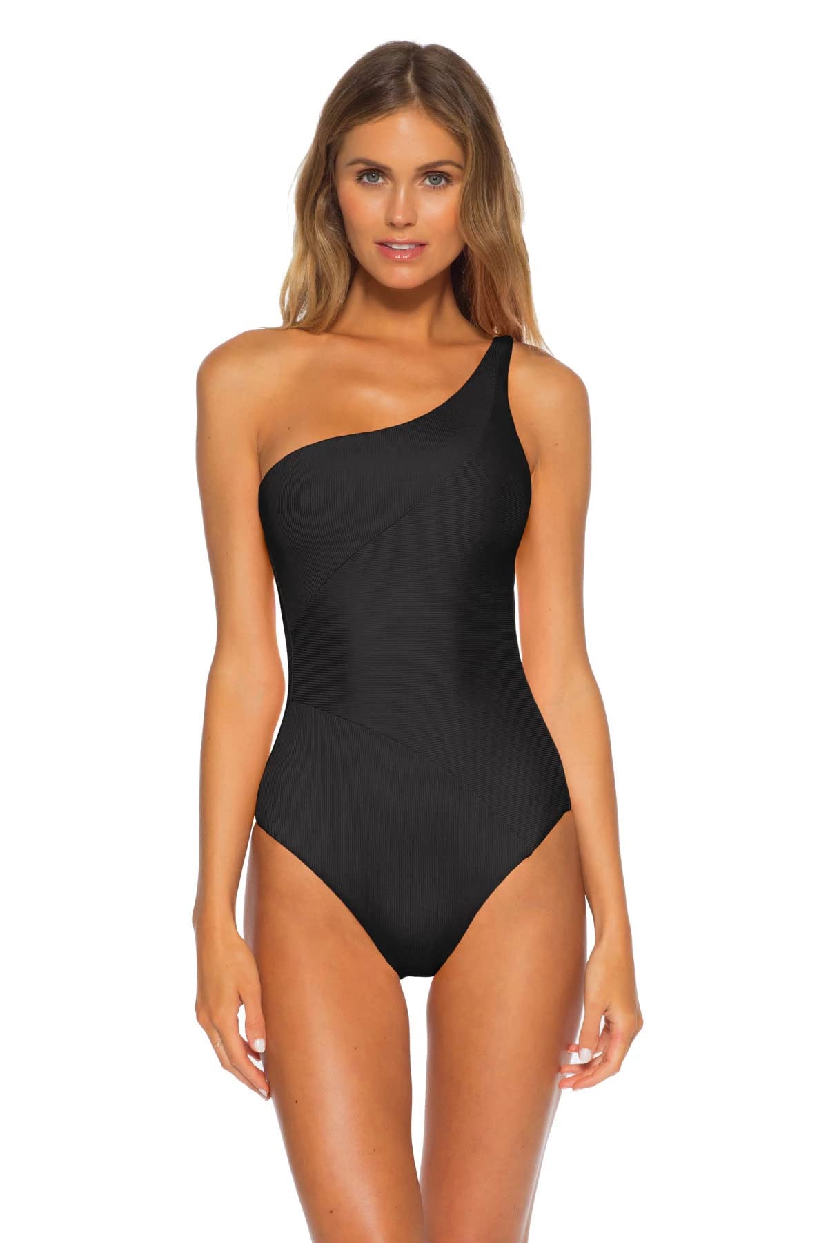 BECCA by Rebecca Virtue Women's Fine Line Adeline Rib Asymmetrical One-Piece Swimsuit - Sexy High-Cut Bathing Suit for Beach & Pool Vacations