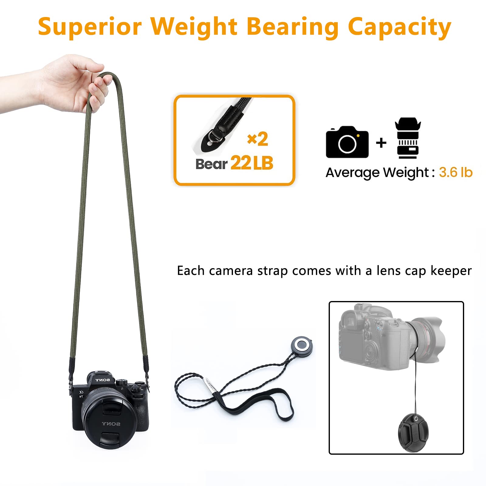 Durable Climbing Rope Camera Shoulder Strap for DSLR & Mirrorless Cameras - Adjustable Neck Strap with Lens Cap Keeper (Green) - Perfect for Travel, Hiking & Outdoor Photography