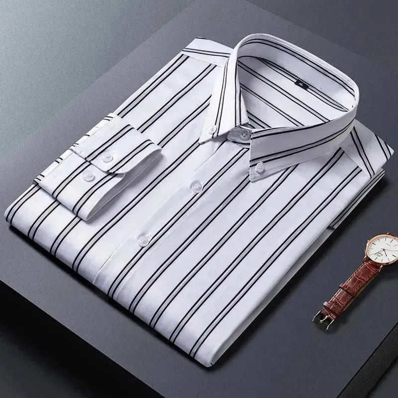 Men's Business Casual Wide Striped Shirt - Slim Fit Long Sleeve Button Down Dress Shirt for Office, Work & Formal Occasions