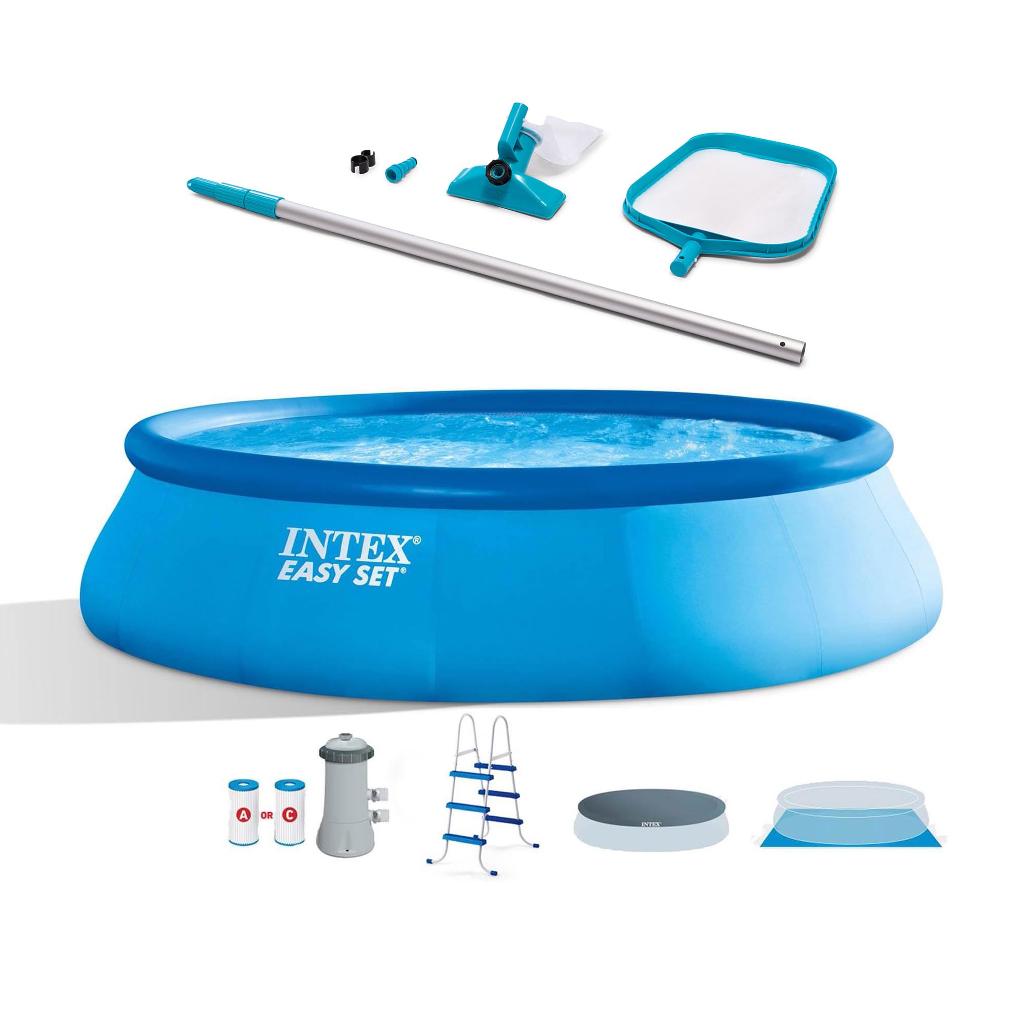 Intex 26165EH 15ft x 42in Easy Set Inflatable Above Ground Swimming Pool Set with Filter Pump, Ladder, Cover & Maintenance Kit - Perfect for Backyard, Family Fun, Summer Cooling and Outdoor Parties