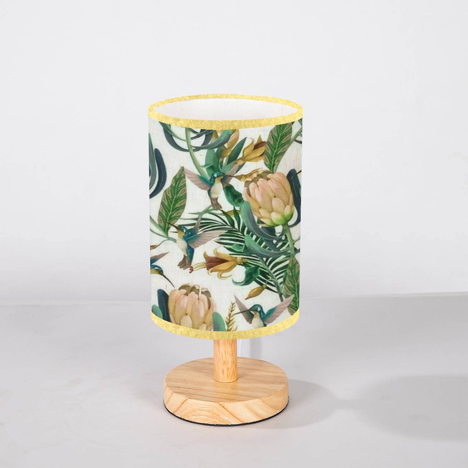 Minimalist Wood Nightstand Lamp with Hummingbirds Protea & Tropical Flowers Print - Flaxen Fabric Shade, Wood Base for Bedroom, Living Room - Perfect for Cozy Reading Nook, Modern Home Decor & Relaxing Ambiance