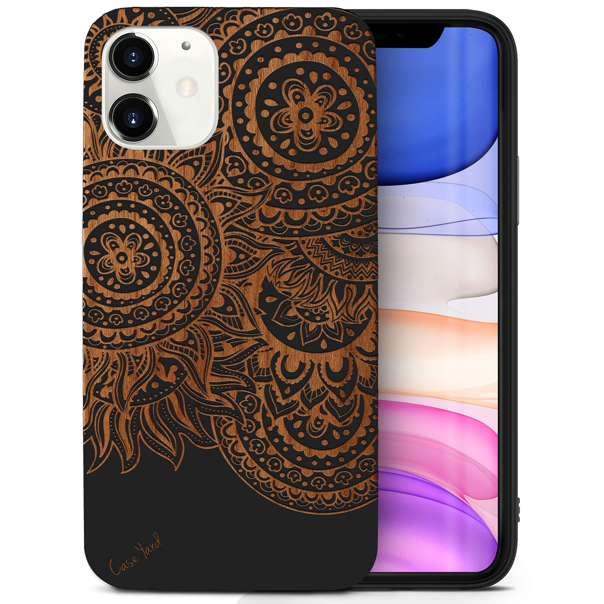 CaseYard Wood Phone Case for iPhone 11 - Laser Engraved Geo Henna Design, Black Wood Protective Cover | Slim Fit, Shockproof for Men & Women | Perfect for Outdoor Adventures & Everyday Use