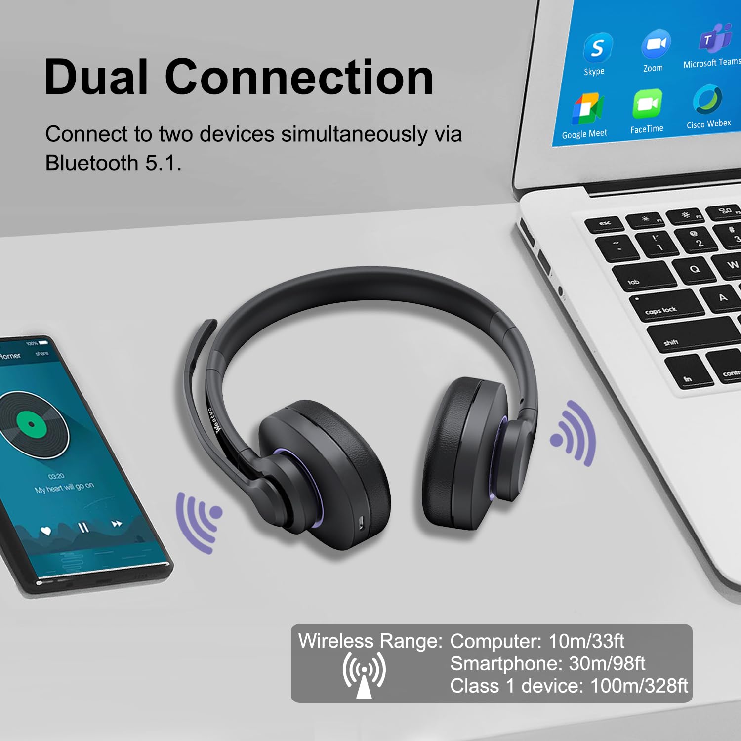 V5.1 Bluetooth Wireless Headset with ENC & CVC Noise Cancellation Mic | 30H Battery Life | Stereo Sound for Teams/Zoom/Calls | Perfect for Home Office, Remote Work & Business Meetings (Compatible with PC, Laptop & Smartphone)
