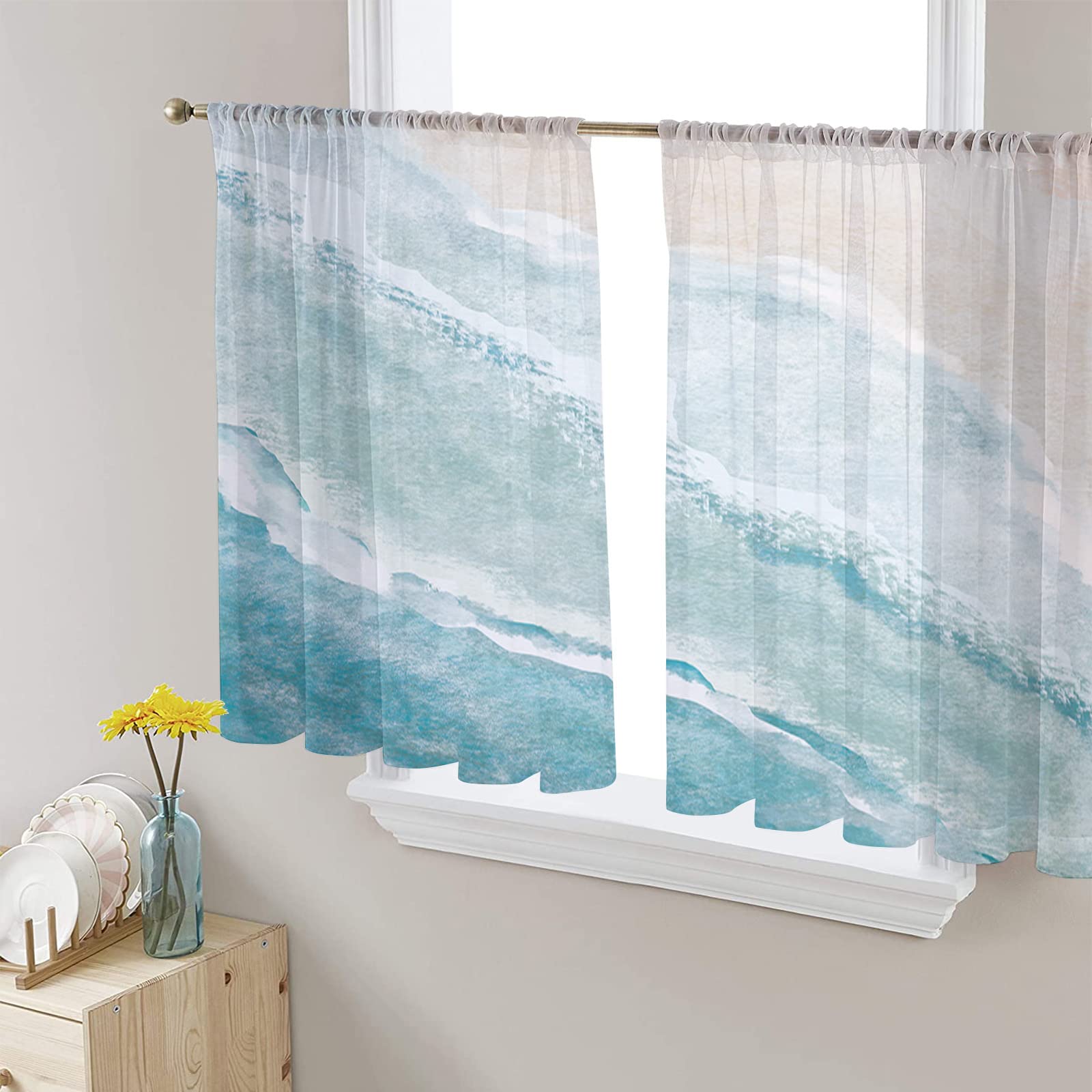 Tropical Sea Beach Semi-Sheer Window Curtains 45 Inch - Ocean Seaside Scenic Voile Drapes with Rod Pocket, Set of 2 Panels for Kitchen, Bedroom & Living Room - Ocean Wave Design | Perfect for Coastal Decor, Beach House Style & Vacation Home Ambiance