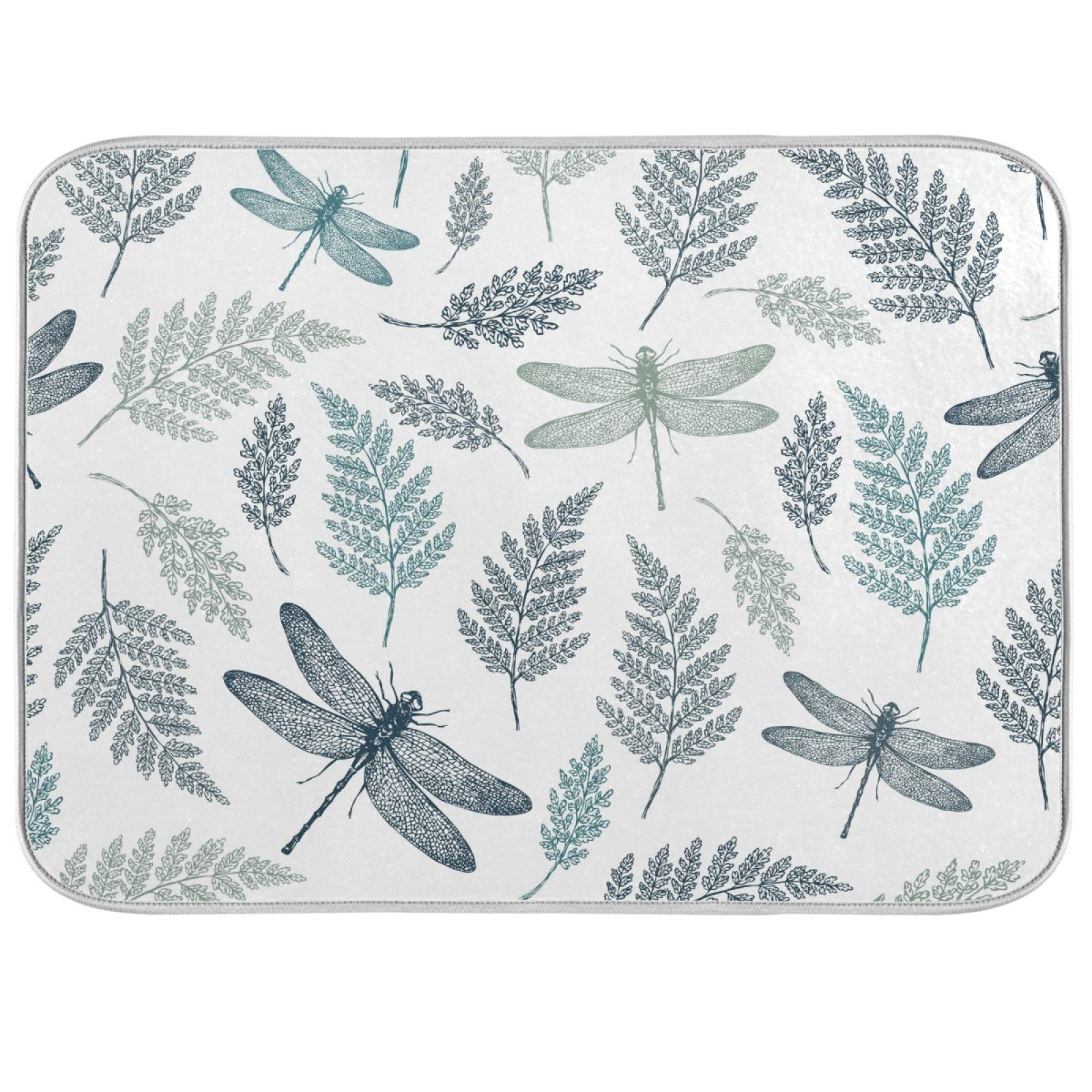 Susiyo Super Absorbent Microfiber Dish Drying Mat - 18x24 Inch Heat-Resistant Kitchen Counter Mat with Fern & Dragonfly Design | Perfect for Drying Dishes, Protecting Countertops & Decorating Your Kitchen