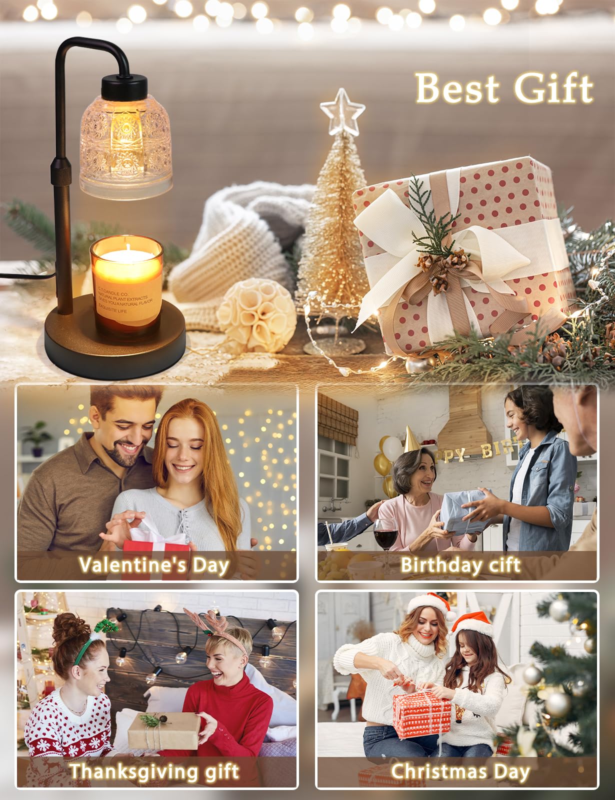 Dimmable Candle Warmer Lamp with Timer & Adjustable Height - Wax Melt Warmer for Scented Jar Candles - Includes 2 Bulbs - Perfect Gift for Women, Mom & Friends - Ideal for Home, Office, Spa & Relaxation