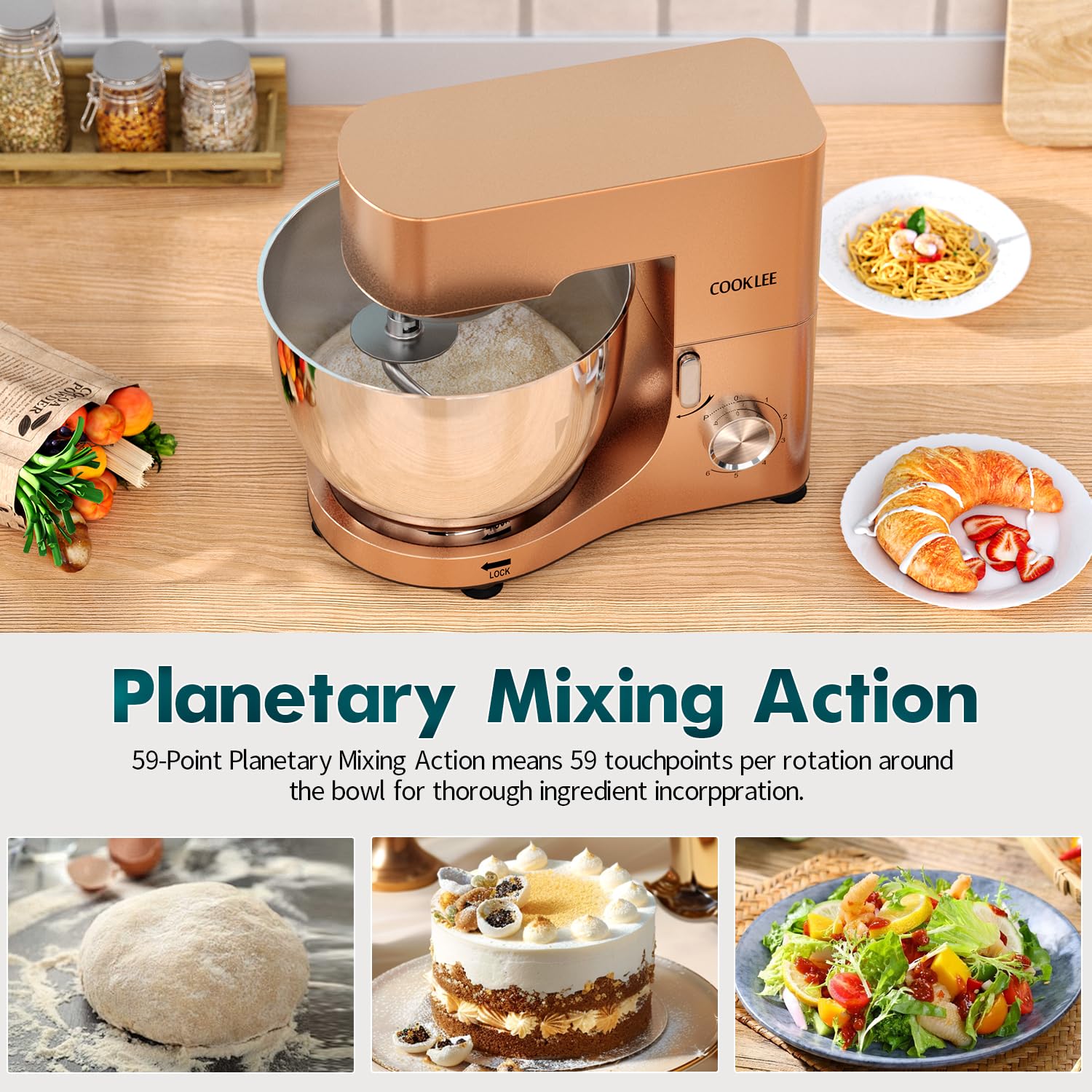 COOKLEE 9.5 Qt 660W Stand Mixer - Professional Electric Kitchen Mixer with Dishwasher-Safe Dough Hook, Flat Beater, Wire Whip & Pouring Shield Attachments - Perfect for Baking Bread, Cakes, Cookies & More - Champagne Color