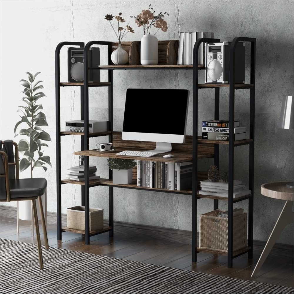 HuaZo Home Office Computer Desk with Storage Hutch & Double Bookcase Workstation - Modern Writing Desk for Small Spaces, Home Office, Study Room & Dorm (Tiger Oak Finish)