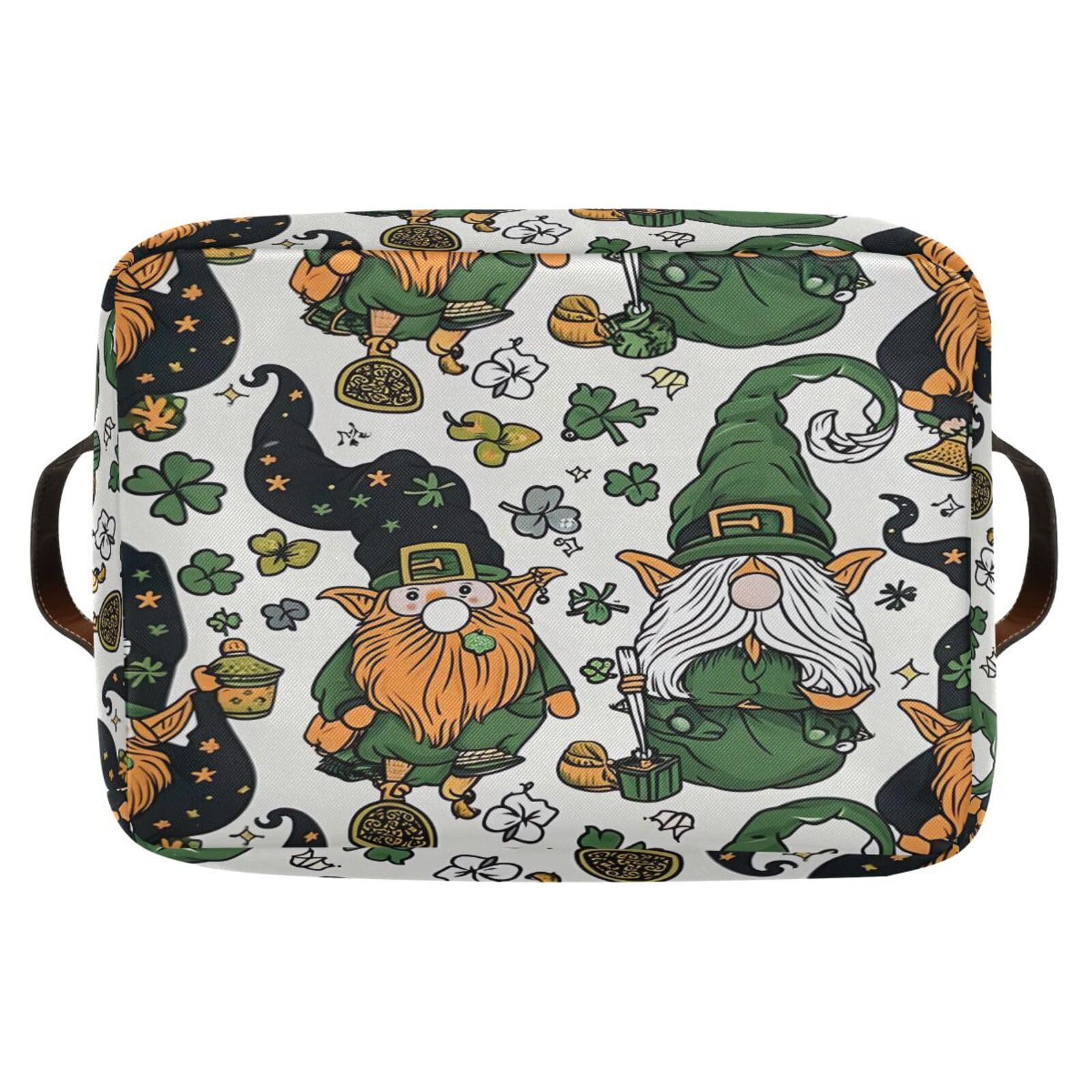 Qilmy St. Patrick's Day Gnome Storage Basket 2 Pack - Collapsible Canvas Rectangular Bin with Leather Handles for Closet, Office, Nursery | Perfect for Holiday Decor & Home Organization