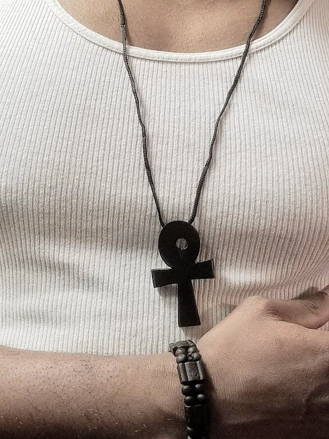 African Egyptian Wooden Ankh Necklace and Bracelet Set - Handcrafted Spiritual Jewelry DPJ4008AB | Perfect for Boho Fashion, Spiritual Protection & Unique Gift Giving