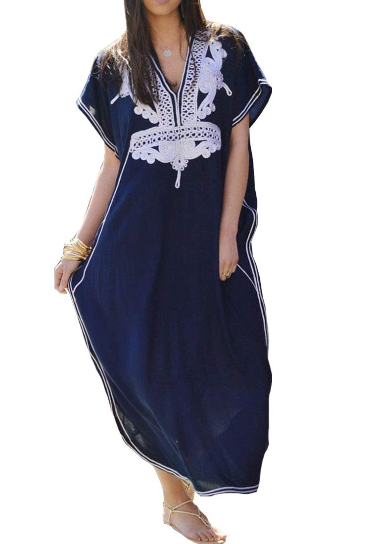 Stylish Women's Long Tunic Kaftan Maxi Dress with Batwing 3/4 Sleeves - Plus Size Summer Beach Cover Up Dress for Vacation, Poolside, and Boho Chic Outfits