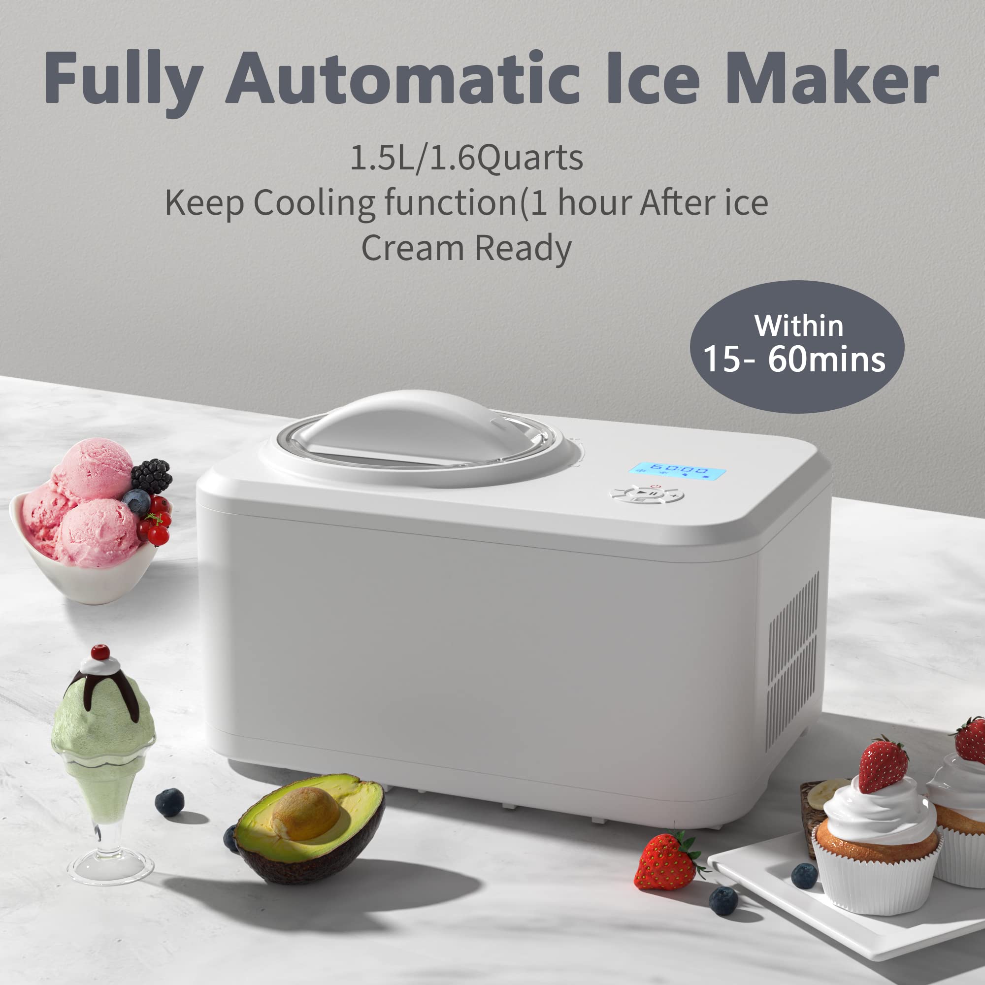 COWSAR 1.6 Quart Automatic Ice Cream Maker with Built-in Compressor - No Pre-Freezing Required, Makes Frozen Yogurt & Sorbet, Keep-Cooling Function, Timer & Easy Clean - Perfect for Home Kitchen, Parties & Dessert Shops