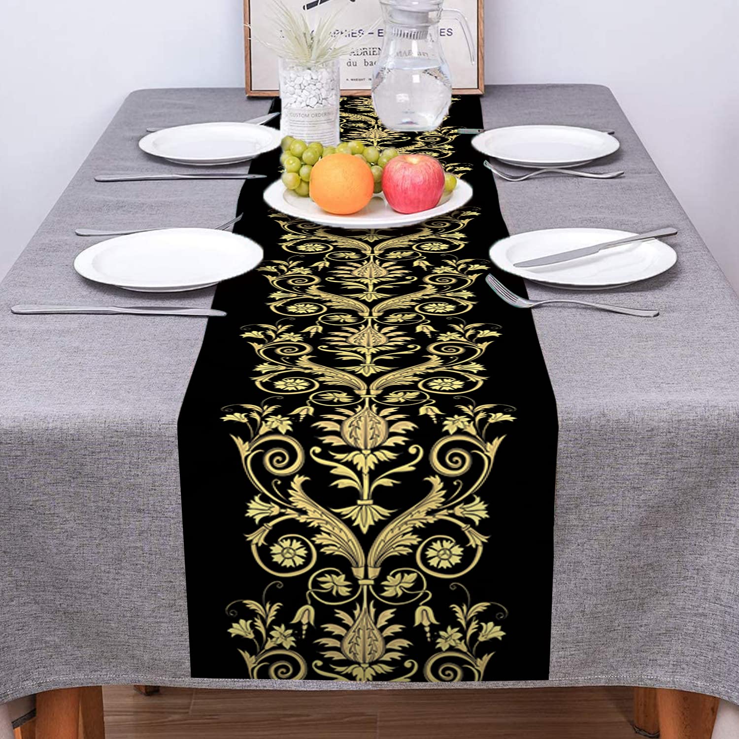 Elegant Baroque Style Bronzing Pattern 70-Inch Non-Slip Polyester Table Runner - Perfect for Kitchen, Coffee, Dining & Bedroom Decor - Ideal for Weddings, Christmas, Thanksgiving & Halloween Parties - 13x70 Inches - Adds Luxury to Holiday Tablescapes & Everyday Dining