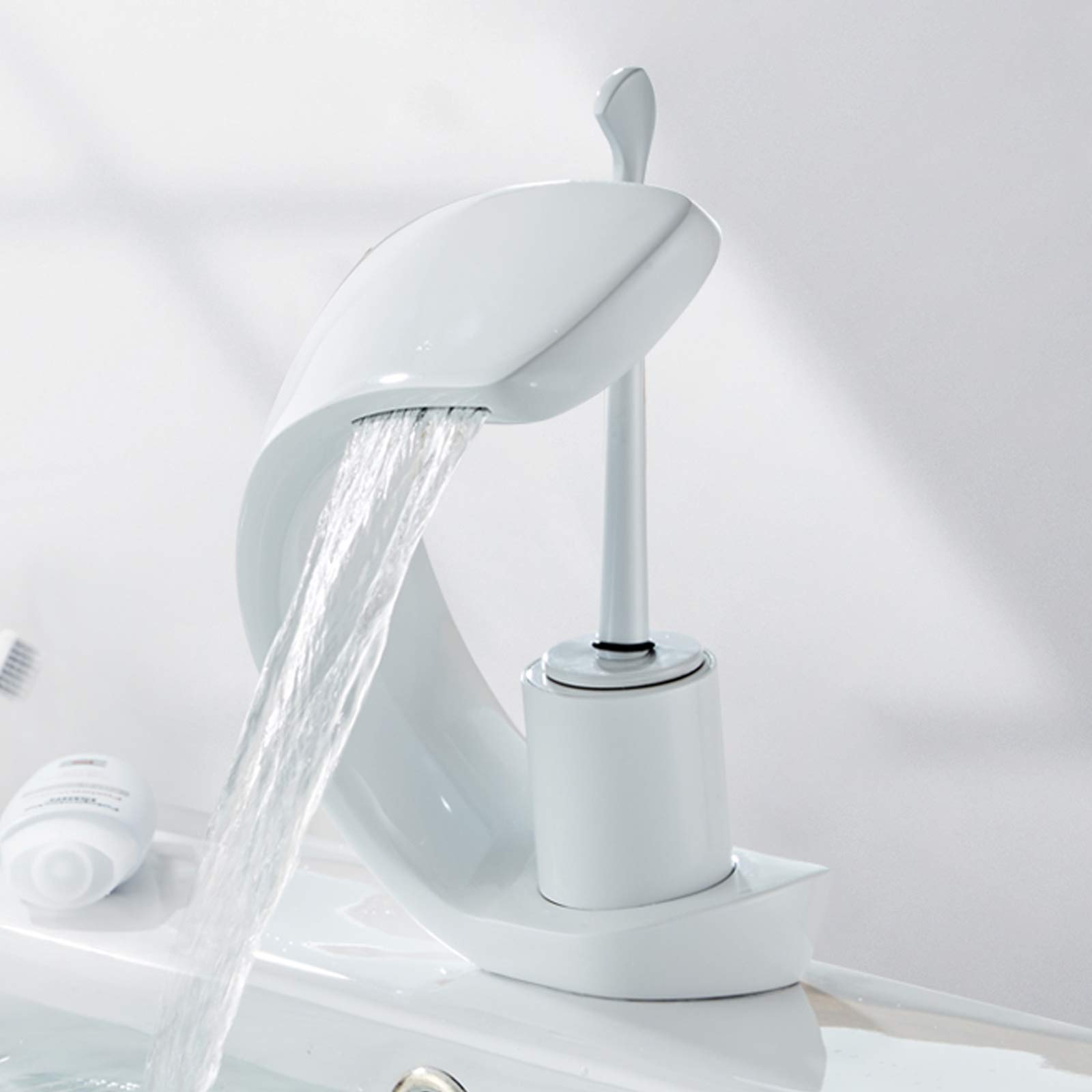 ZTGL Modern Single Handle Waterfall Bathroom Faucet - Hot & Cold Water Mixer Vanity Sink Tap with Brass Body in White - Perfect for Contemporary Bathrooms & Powder Rooms