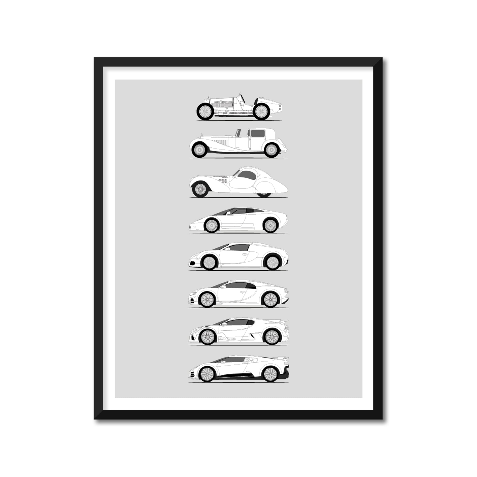 Bugatti Generations History Evolution Print - Handmade Wall Art Decor (8x10