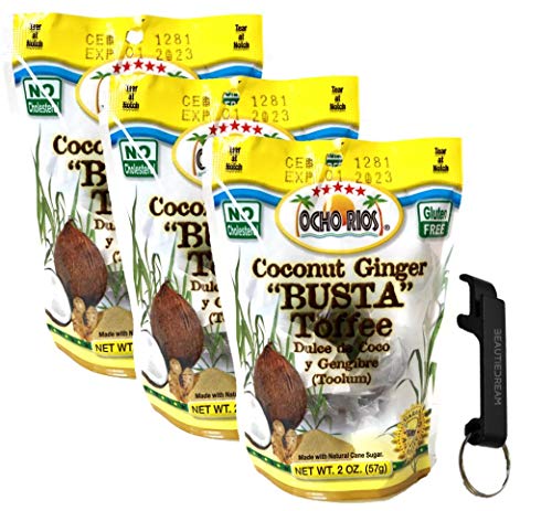 Ocho Rios Busta Candy Coconut Ginger Busta Toffee 2oz (Pack of 3) with Keychain Bottle Opener - Jamaican Candy Gift for Parties, Travel & Caribbean Food Lovers - Perfect for Beach Outings, Office Snacks & Tropical Treats