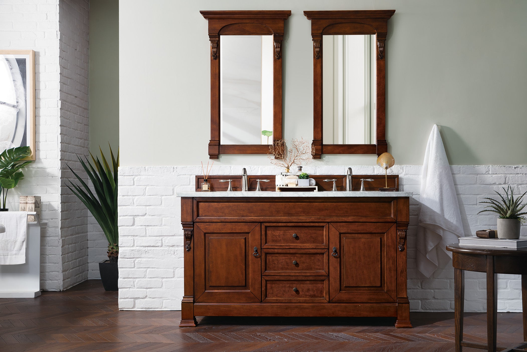 Brookfield 60 Inch Double Bathroom Vanity with Warm Cherry Finish & 3CM Carrara Marble Top - Perfect for Master Bathroom Remodeling and Luxury Home Upgrade