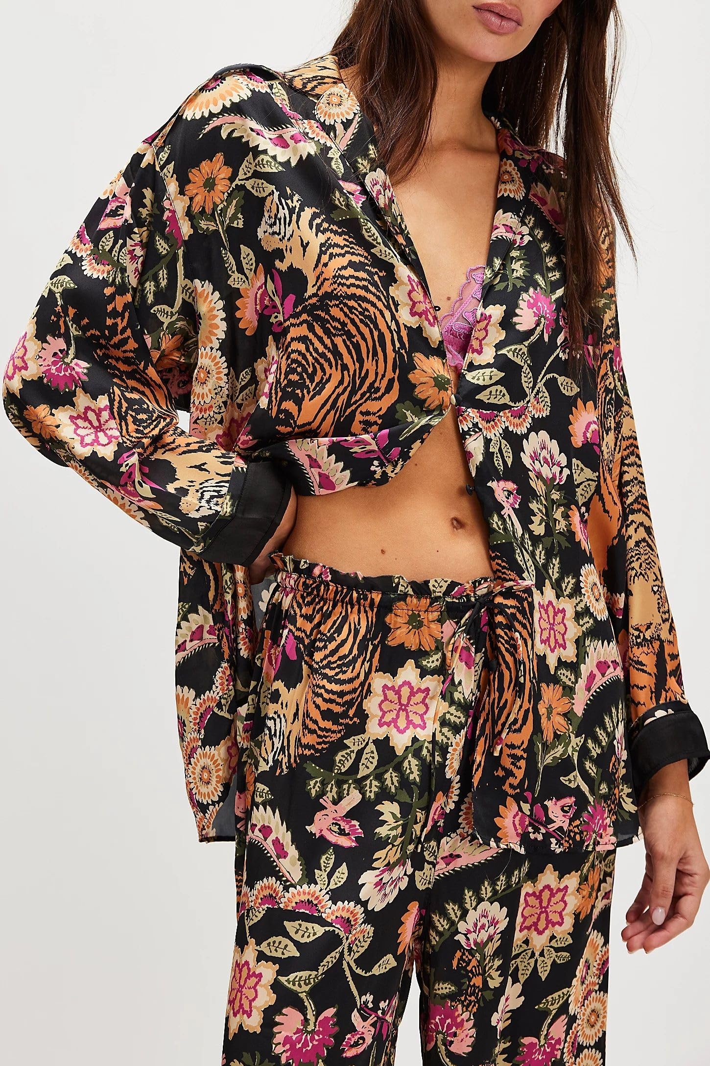 Women's Y2K Floral Print Silk Pajama Set - Long Sleeve Button Down Shirt & Wide Leg Pants 2-Piece Lounge Wear for Sleepwear, Loungewear & Relaxation at Home