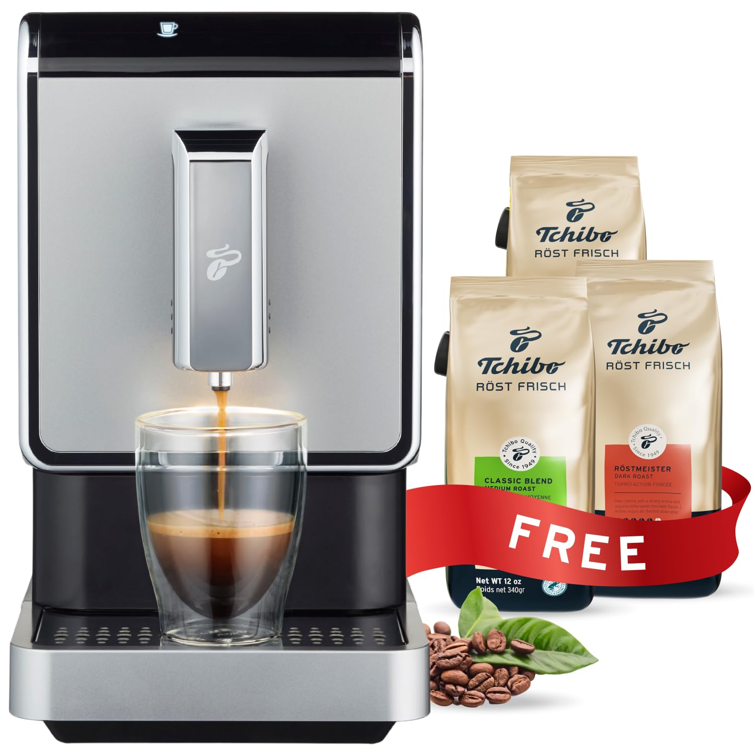 Tchibo Automatic Espresso & Coffee Machine with Built-in Grinder - Silver | Includes 3 x 12 oz. Bags of Whole Bean Coffee | Perfect for Home, Office & Cafe Use