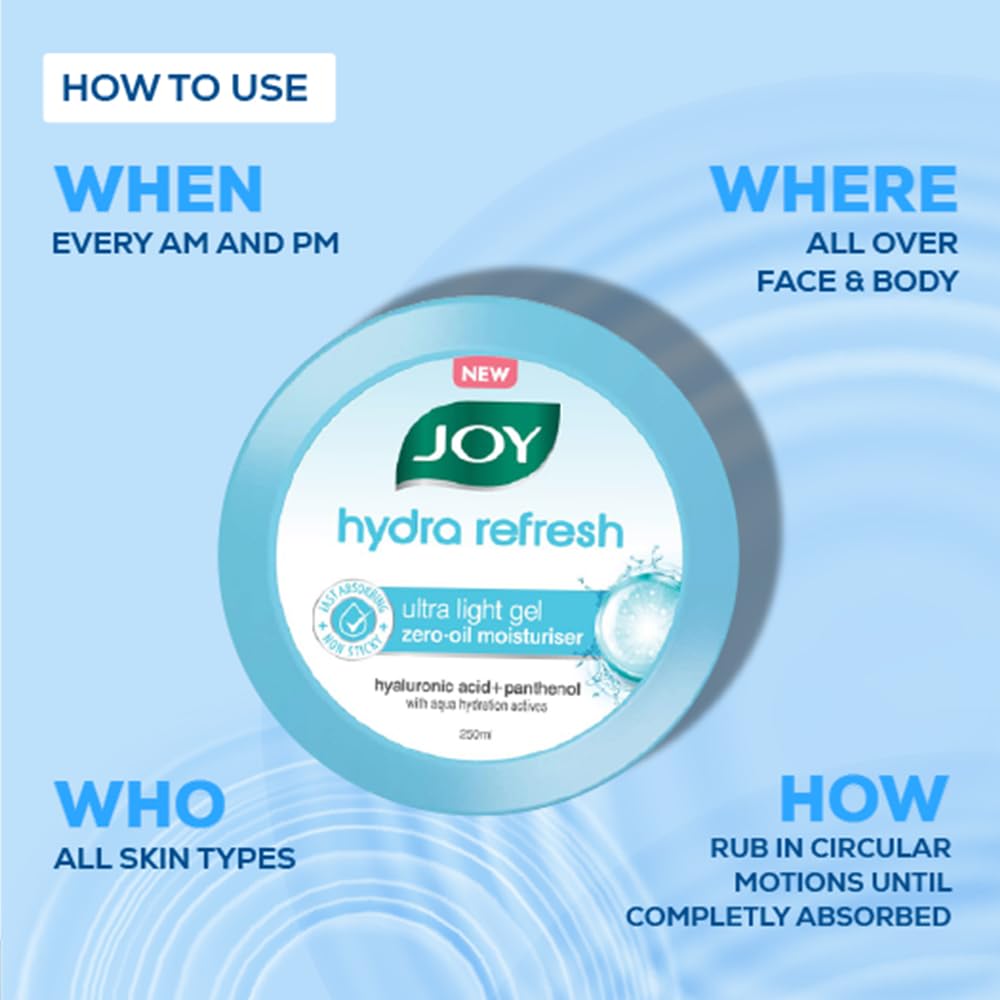 Joy Hydra Refresh Ultra-Light Gel Moisturizer - 48 Hour Hydration with Hyaluronic Acid | Oil-Free Face & Body Moisturizer for Oily, Dry & Combination Skin | 250ml | Perfect for Daily Skincare Routine & Travel
