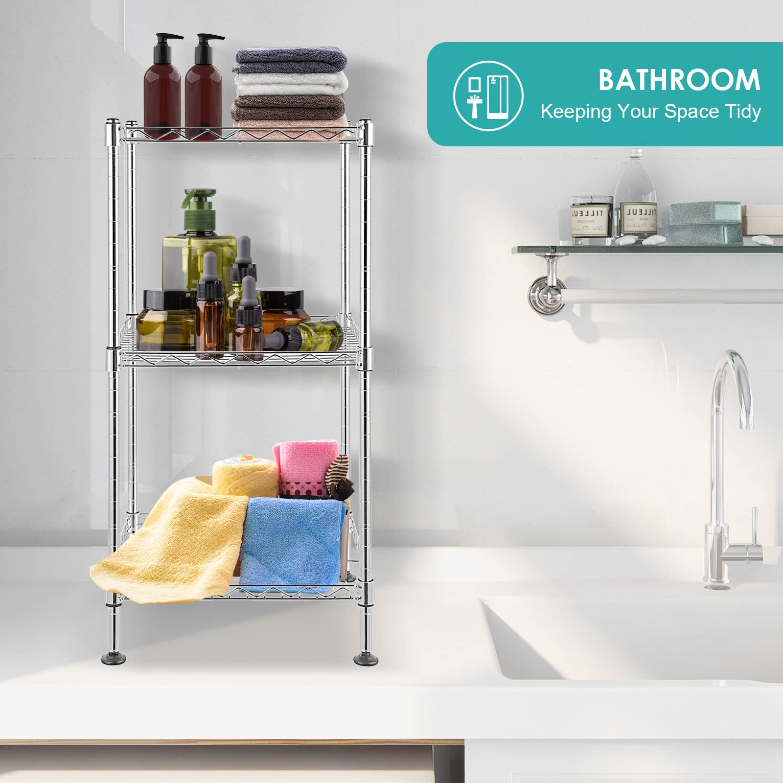 BNSPLY 3-Tier Adjustable Metal Wire Shelving Unit - NSF Certified Heavy Duty Storage Rack with Leveling Feet for Laundry Room, Bathroom, Kitchen, Pantry & Closet Organization - Chrome Finish for Home & Office Use