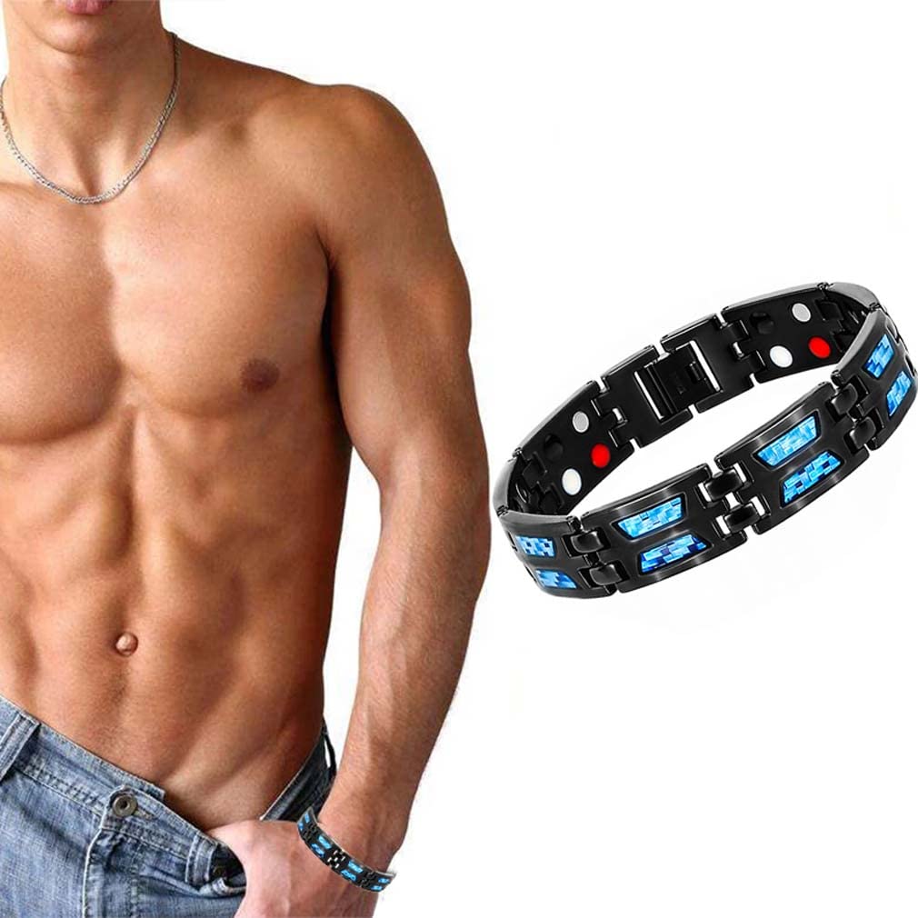 Carbon Blue Titanium Magnetic Therapy Bracelet for Men - Ultra Strength Double Row Strong Magnet Bracelet with Unique Blue Line - Adjustable Magnetic Bracelet for Pain Relief & Improved Circulation - Perfect for Sports, Work & Daily Wear