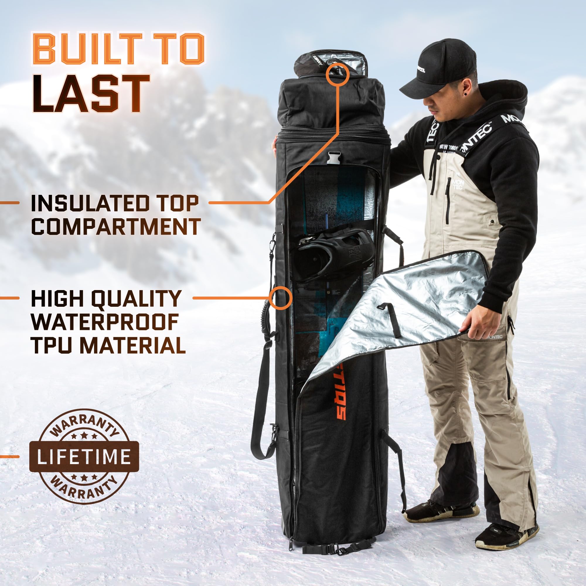 **Waterproof Snowboard Bag with Wheels for Air Travel - Adjustable Fit 150cm-170cm, Roll-Up Design for Easy Storage | Perfect for Snowboarding Trips & Gear Protection**